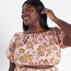 NWT Lane Bryant Classic Crop Square-Neck Puff-Sleeve Top Pink Floral Size 14/16